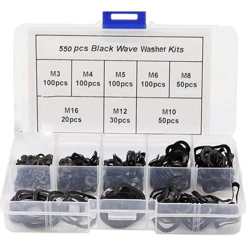Black Steel Ring Spring Washer Three Wave Washers 65MN Wave Gasket Assortment Kits-M3 M4 M5 M6 M8 M10 M12 M16(550 Pcs)