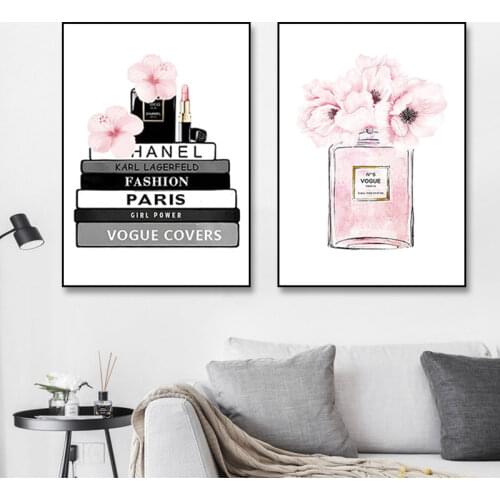 Perfume Bottle Flower Fashion Book Canvas Painting Vogue Posters and Prints Modern Pink Wall Art Pictures Girl Bedroom Decor