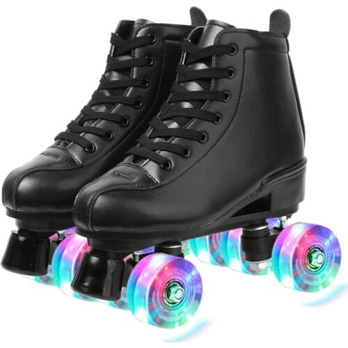 Flash Roller Skates Blades For Adult Kids Skate Shoes 4-Wheel Sneakers Rollers Cowhide Skates Shoes Skating Shoes 26-44 Size