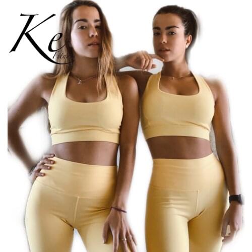 Ke New set of fitness leggings and top yellow woman pretty line unique leggings sport women fitness crop yoga pants top