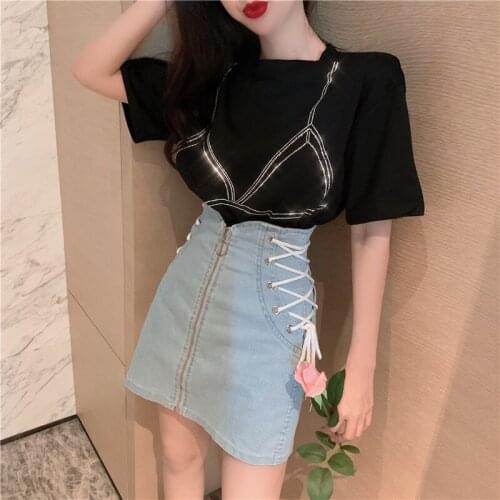 Short Skirt Female Side Tying Denim Skirt Female Summer New Style Korean Style High Waist Light Color All-match A-line Skirt