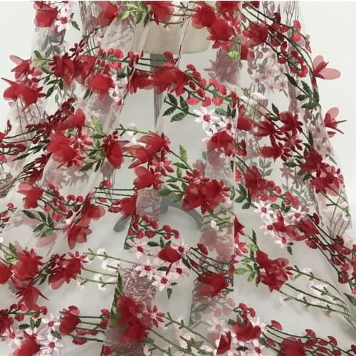 3D Red Floral Tulle Lace Fabric Nigerian Embroidery Tulle Fabric Sewing Craft Accessories Petal lace fabric Party dress lace