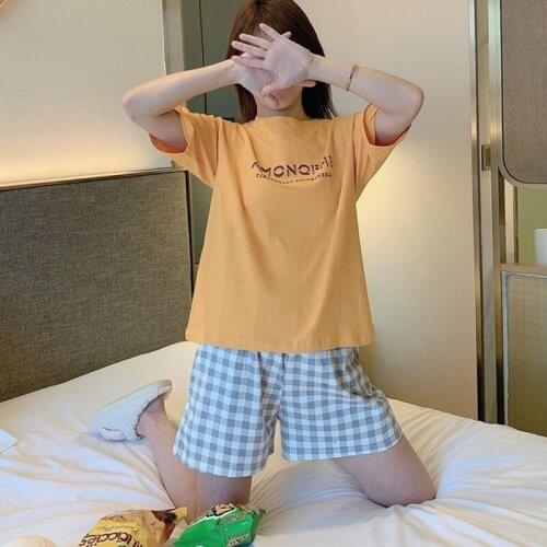 Summer Girl Casual Pajamas Alphabet Print Short Sleeve Checked Shorts Nighty Round-Neck Polyester Sweet Girl Sleepwear