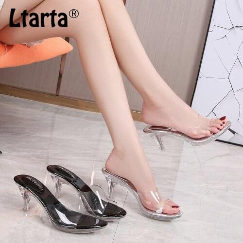 LTARTA Summer Casual Daily Crystal Heel Sandals Medium High Heels Sandals Transparent PVC Shallow Mouth Womens Shoes WZ