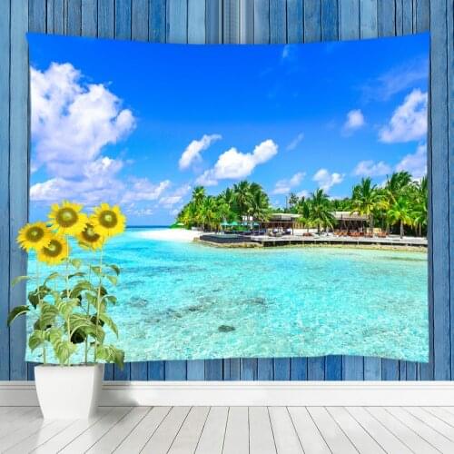Ocean Beach Landscape Tapestry Aesthetic Wall Hanging Courtyard Balcony Bedroom Dorm Decor Tapestries Home Art Adornment Curtain