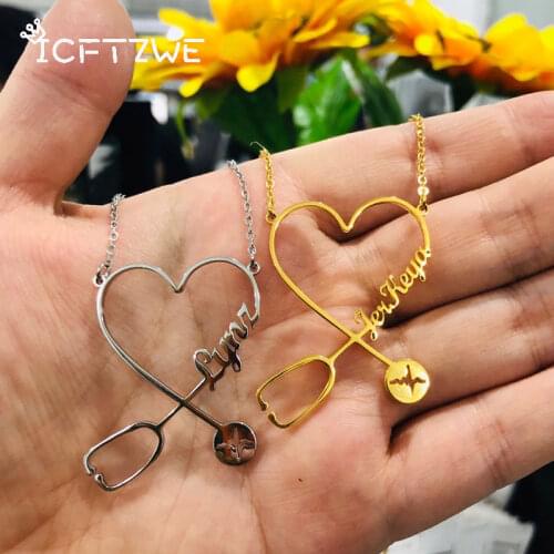 New Custom Heart Stethoscope Name Necklace Stainless Steel Gold Chain Choker Necklaces For Women Doctor Nurse Jewelry Gift