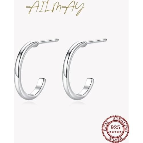 Ailmay Genuine 925 Sterling Silver Simple Charm Geometric Round Stud Earrings For Women Girls Anti-allergy Fine Jewelry Gifts