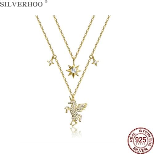 SILVERHOO Sterling Silver 925 Jewelry Sparkling Star & Unicorn Double Chains Pendant Necklaces For Women Gold Color Necklace