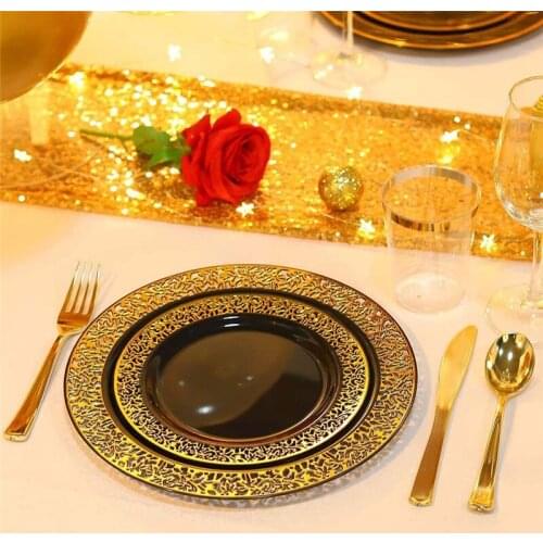 125PCS Black Gilded Edge Disposable Plastic Black With Gold Lace Plate Spoon Fork Tableware Wedding Banquet Tableware