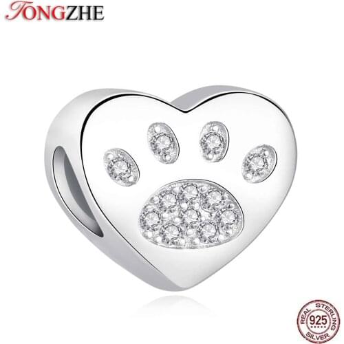 TONGZHE Cute Love Heart 925 sterling Silver Beads Bear Paw Claw Zircon Fit Bracelet Pendants Jewelry Making Fashion 2019