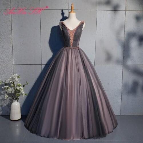 AXJFU princess coffee color lace evening dress luxury vintage beading peals v neck sleeveless crystal ball gown evening dress