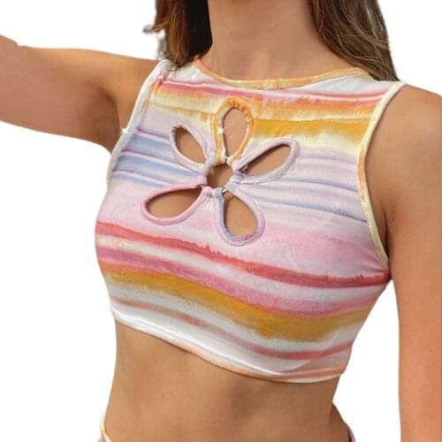 Ladies Summer Sexy Midriff-baring Camisole Tie-dye Mixed Color Striped Round Collar Sleeveless Hollow Base Tanks Tops