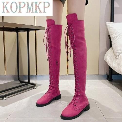 2020 Sexy Over Knee Boots Women Rome Lace-up Boots Women Flats Shoes Woman Flock Long Boots Botas Winter Thigh High Boots 34-43