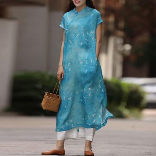 FairyNatural Ladies Chinese Style Summer Dresses Ramie Short Sleeve A Line Women Cheongsam 2021 Retro Stand Dresses High Quality
