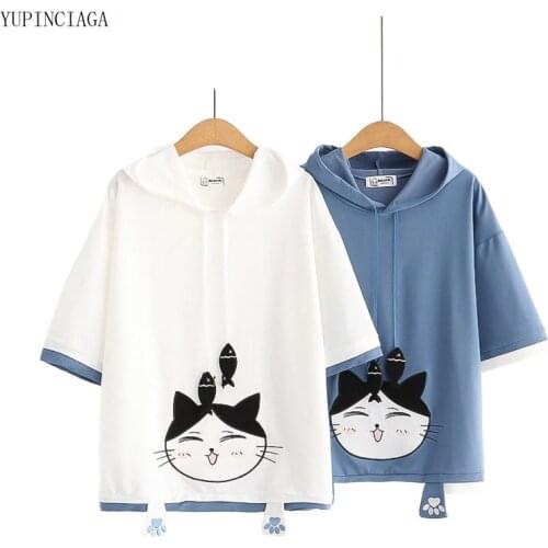 Japanese Mori Women Cartoon Embroidery Short Sleeve Hoodies Sweatshirts 2021 Summer New Kawaii Cute Sweet Pullover 2115826