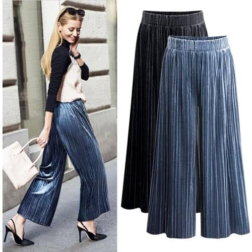 Fashion Metallic Loose Casual Velvet Wide Leg Pants Trousers For Women 2018 Large Size High Waist Pleated Pants Women Culottes