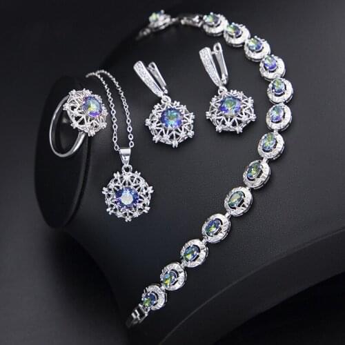 Funmode New Flower Multicolor Cubic Zircon Link Chain Small Jewelry Sets For Women collier femme Wholesale FS120