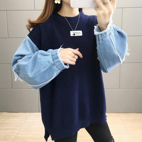 Denim Sleeve Pactchwork Knitted Sweater 2021 New Korean Fashion Women Oversized Loose Lazy Sweater Casual Pullovers