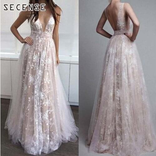 Women Dresses Sexy Deep V Neck Sleeveless Lace Bridesmaid Long Dress Open Back Large Size Elegant Wedding Floral Floor-Length