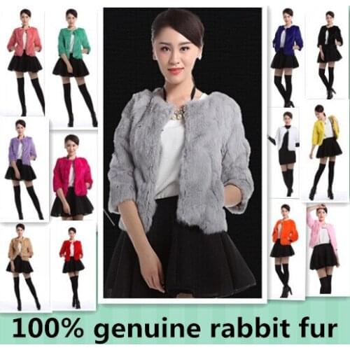 Autumn and winter womens fashion 100% genuine rabbit fur coat ladys three quarter sleeve thicken warm fur coat