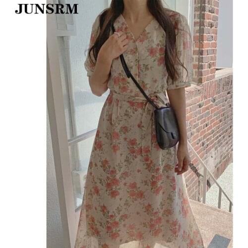 Elegant V Neck Floral Print Women Dress Vintage Puff Sleeve Elastic Waist Chiffon Dress Female Korean 2020 Summer Midi Vestidos