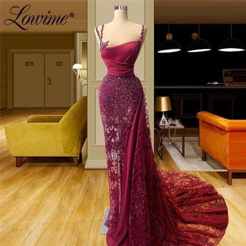 Lowime Wine Red Party Gowns Evening Dresses Mermaid Beads Dubai Muslim Special Occasion Prom Dress 2021 Mermaid Evening Wear