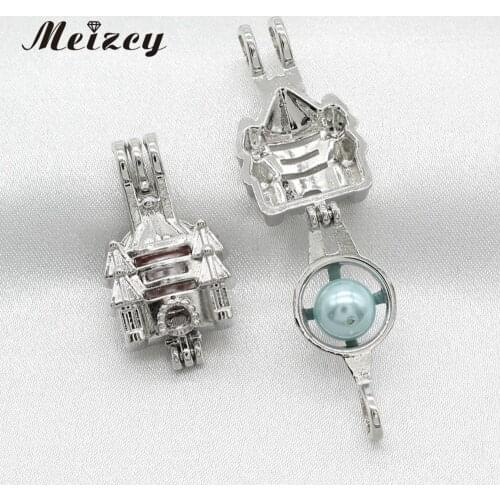 10pcs Castle House Pearl Cage Silver Plated Essential Oil Diffuser Bead Locket Pendants for Perfume Aromatherapy Necklace Making
