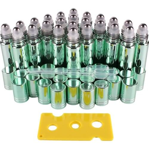 24pcs 10ml Green Essential oil UV Coated Glass Roll on Bottles Vials with Stainless Steel Roller Ball for perfume aromatherapy