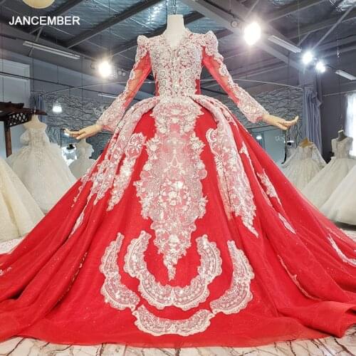 HTL2198 Red Luxury High-end Evening Dress Applique Frill Long Sleeve Transparent Lace Net Yarn Pearl Decoration Banquet Gowns