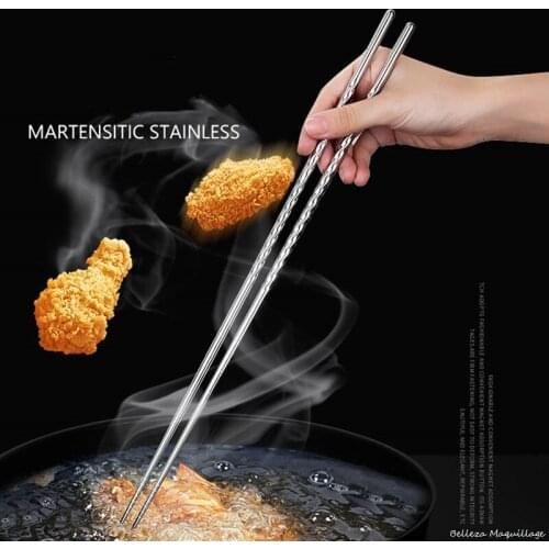 Chinese 304 Stainless Steel Chopsticks With Long Handle Kitchen Fried Chopsticks Reusable Non-Slip Sushi Food Sticks