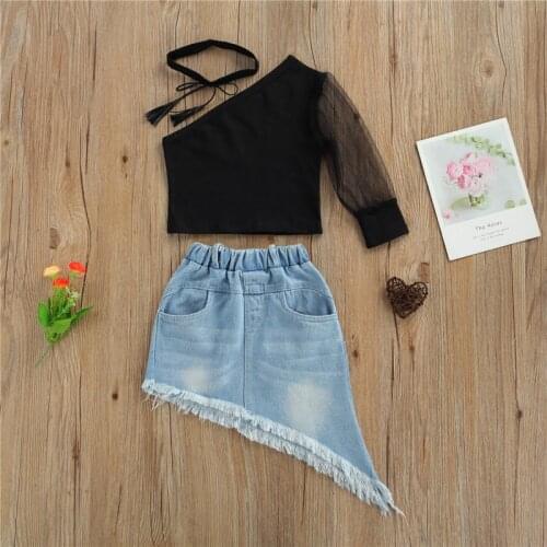 3Pcs Infant Summer Outfits Baby Girl Mesh Sleeve One Shoulder T-shirt + Irregular Denim Skirt+Tie-Up Fringe Neck Adornment 1-6Y