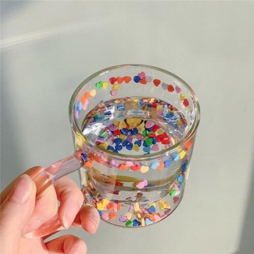Korean Double Layer Love Quicksand Glass Cup Cute Girl Heart Creative Water Cup Transparent Juice Goblet