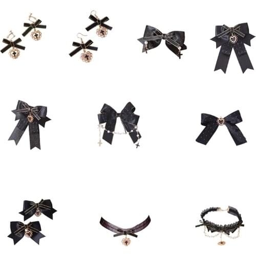 Girls Ruffles Lace Necklace with Pearl Chain Pendant Ribbon Bows Earrings Hair Clips Handmade Lolita Hair Ornaments