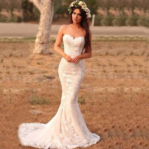 Summer Garden White Lace Mermaid Bridal Wedding Gowns Sweetheart Appliqued Wedding Dresses for Bride Sleeveless Affordable