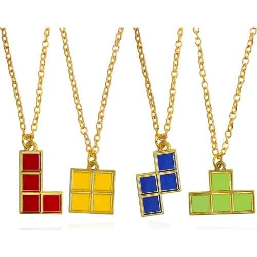 Fashion Game Tetris Necklaces Color Square Geometry Pendants Necklace For Women Kids Game Chain Choker Collier Wholesale