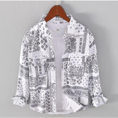 1256 Vintage Ethnic Style Printing Fashion Thin Coats Men Casual Loose Long Sleeve Shirt Pocket Lapel Single-Breasted Male Tops
