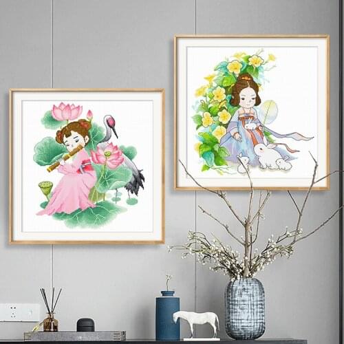 11CT Cross stitch complete kit Ancient Chinese beauty lotus and red-crowned crane crafts materialscrafts for adults