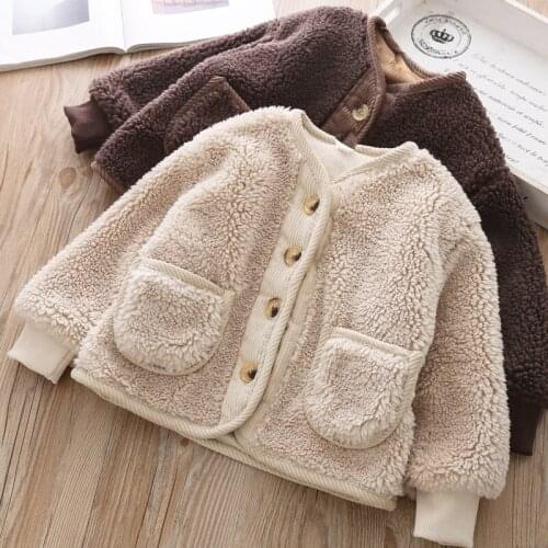 2021 Fall Winter Korean Boys Clothes For Girls Cardigan Granular Velvet Loose Lamb Velvet Warm Childrens Jacket Coat For Girls