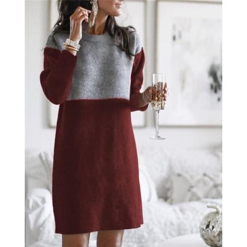2021 Autumn Winter Womens Sweater New Patchwork Skirt Loose Large Round Neck Long Sleeve Dress