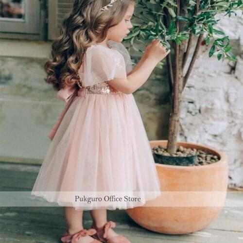 Rose Gold Sequin Flower Girl Dress Short Sleeves Tea Length Tulle Blush Girls Holy Communion Gown A Line Birthday Dress for Kids