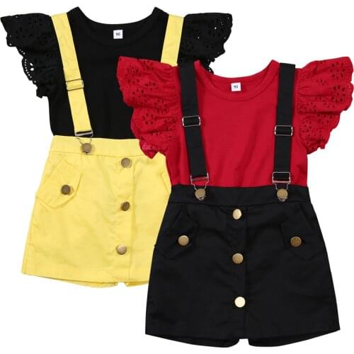 Infant Kids Baby Girls Fly Short Sleeves Shirt + Suspender Culottes, Simple Style Pocket Decoration Summer Clothing 2-7T