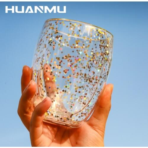 250/350ML New Water Glass Bright Starry Sky Double-layer Heat-resistant Glasses Christmas Water Star Coffee Milk Cups Drinkware