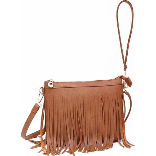 Women Leather Bag Causal Summer Shoulder Bag Tassel Fringe Chain Clutch Hand Bag