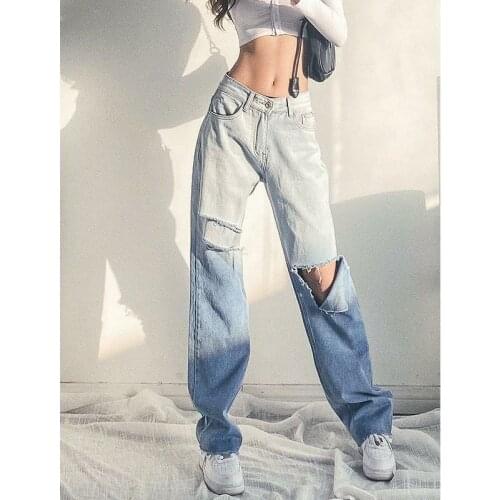 Womens Trendy Color Gradient Straight Jeans High Waist Wild Knees Hole Chic Streetwear Fashion Loose-Fitting Pants Trousers