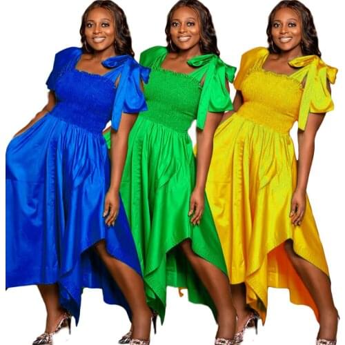 Hottest Women Solid Lace-up Bowknot Dresses 2021 Summer Sleeveless High Waist Square Collar Irregular Mid-Calf Gown Dress