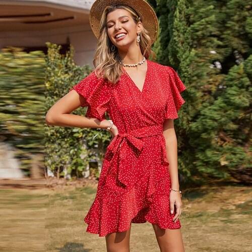 Womens Summer Dresses Sexy Deep V Neck Fashion Print Polka Dot Chiffon Ruffled Loose Lace Dress 2021 Woman Casual Beach Dress