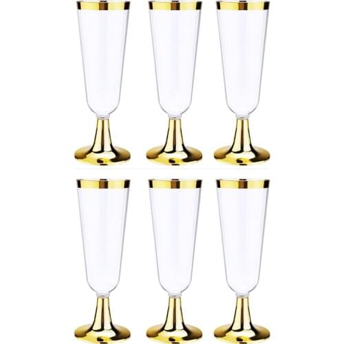6pcs Disposable Champagne Cups Edge Decor Plastic Drinking Glass Cup 5.5OZ 150ML Wedding Party Disposable Flutes Tableware