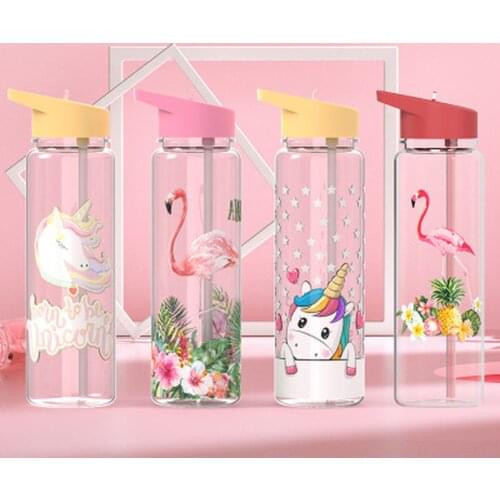 750ml/25oz 100%Tritan Sports Outdoor Straw Water Bottle With Flamingos&Unicorn Printing My Drink Juice Handle Straw Kettle