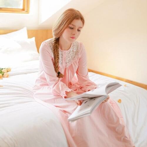 Free Shipping 2015 New Autumn Womens Long Pink Pyjamas Home Cloth Lace Sleepwear 100% Cotton Nightgown