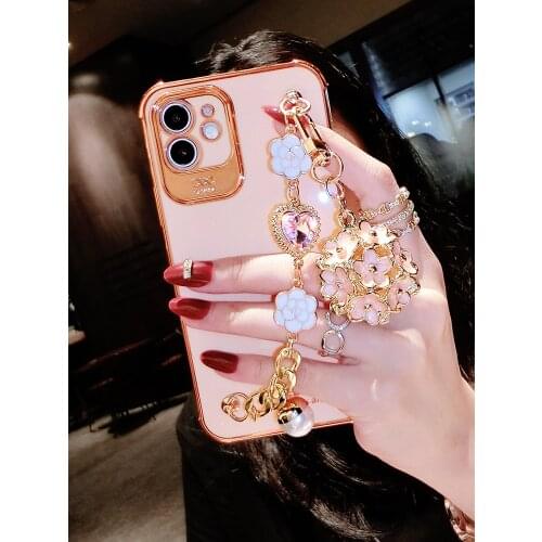 Plating Glitter Bling Camellia Gem Bracelet Flower Pendant Phone Case For IPhone 12 Pro XS MAX XR X Back Protection Cover